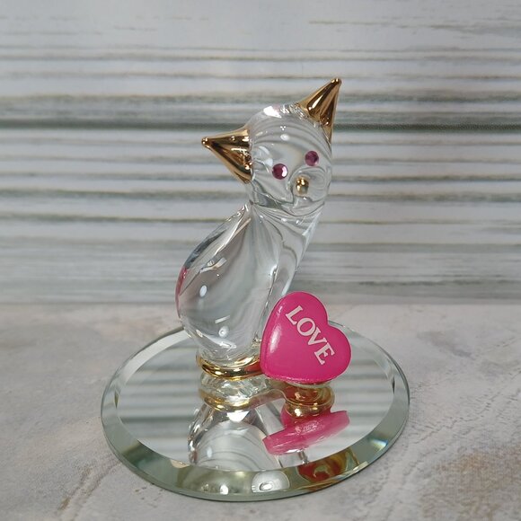 Mini Cat Kitten wPink Love Heart Figurine on Mirror Base Vtg Glass Baron HC2120 - Picture 1 of 9